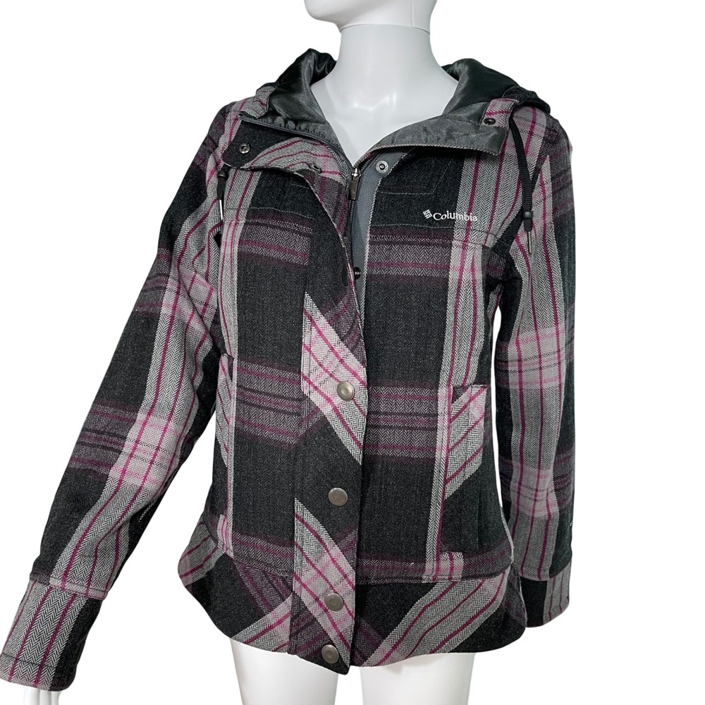 Columbia Womens Omni-Shield Plaid Hooded Jacket Grey Pink Herringbone Size M